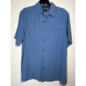 WH‎ Belk Silk Blend Blue Geometric Sportswear Collared Button Up Shirt Size Med